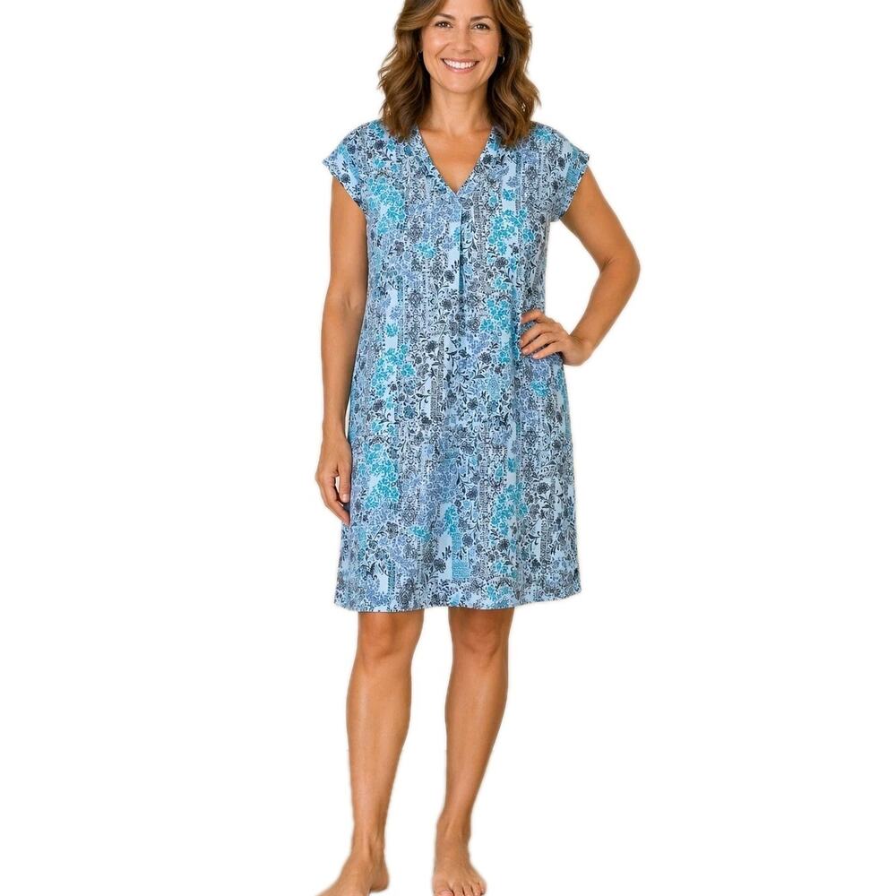 J JILL Women M Shift Dress Floral Blue Teal Cotton Tencel Short Sleeve Bust 42"